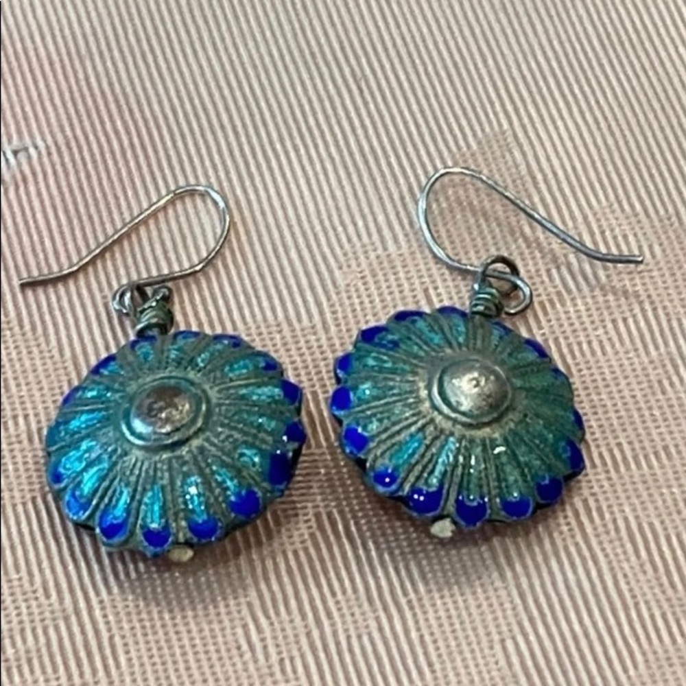 Earrings. Peacock Colors of blue, green, copper brown. Aged Patina.